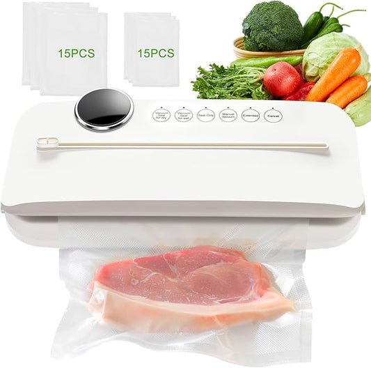 Vacuum Sealer - 90kPa Suction, 180W Motor, 30-Cycle Continuous Use, One-Touch Automatic - Dry/Wet Modes, Air-Tight Seal with Container Tube for Kitchen Use, Food Storage.