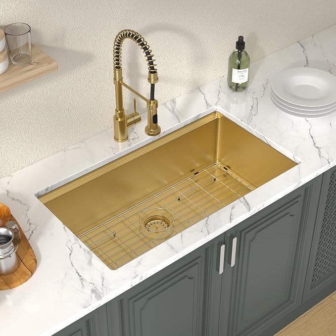 Lordear Gold Undermount Kitchen Sink 33" x 19" Stainless Steel Sinks 16 Gauge Single Bowl Ledge Workstation Handmade Under Counter Kitchen Sink Basin with Built-In Accessories