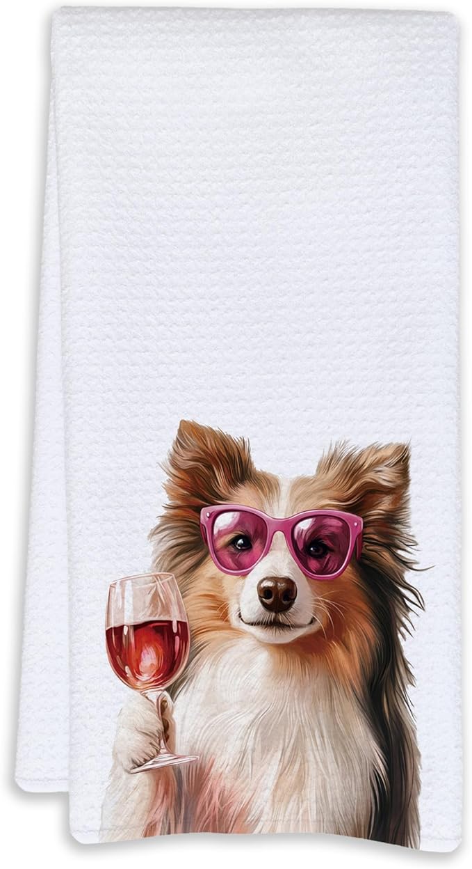 Cabana Bro Funny Wine Shetland Sheepdog Kitchen Towels, Sheltie Lover Gifts Dish Tea Hand Towels for Kitchen Bar Cart Decor, Gifts for Wine Lovers, Bar Towel for Bartender, 16x24 Inches