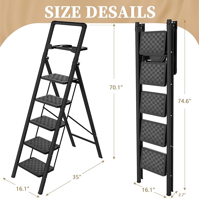 HBTower 5 Step Ladder, Folding Step Stool, Portable Sturdy Steel for Adults with Wide Pedals Home Outdoor Kitchen, Black