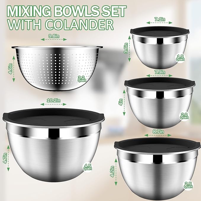 Mixing Bowls with Lids Set, Stainless Steel Mixing Bowls with Colander, Strainer with Mixing Bowl Set, Kitchen Gadgets Bowl Christams Gift, Size 4.5, 2.5, 2, 1.5QT - Black