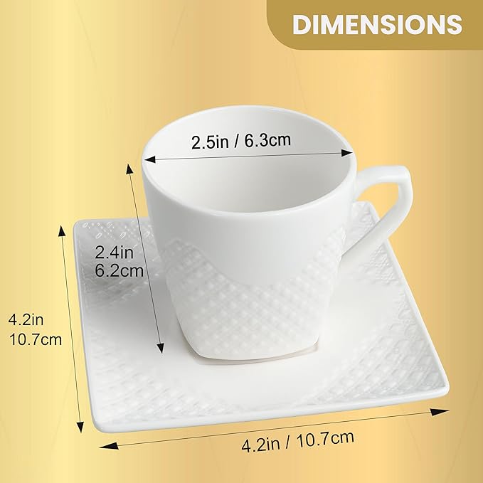 Turkish Coffee Cup Set of 6, Espresso Cups With Saucer 3 oz / 90 ml, Small, White, Modern with Embossed Pattern for Coffee, Expresso, Tazas de Cafe Bonitas Set Modernas, Elegantes