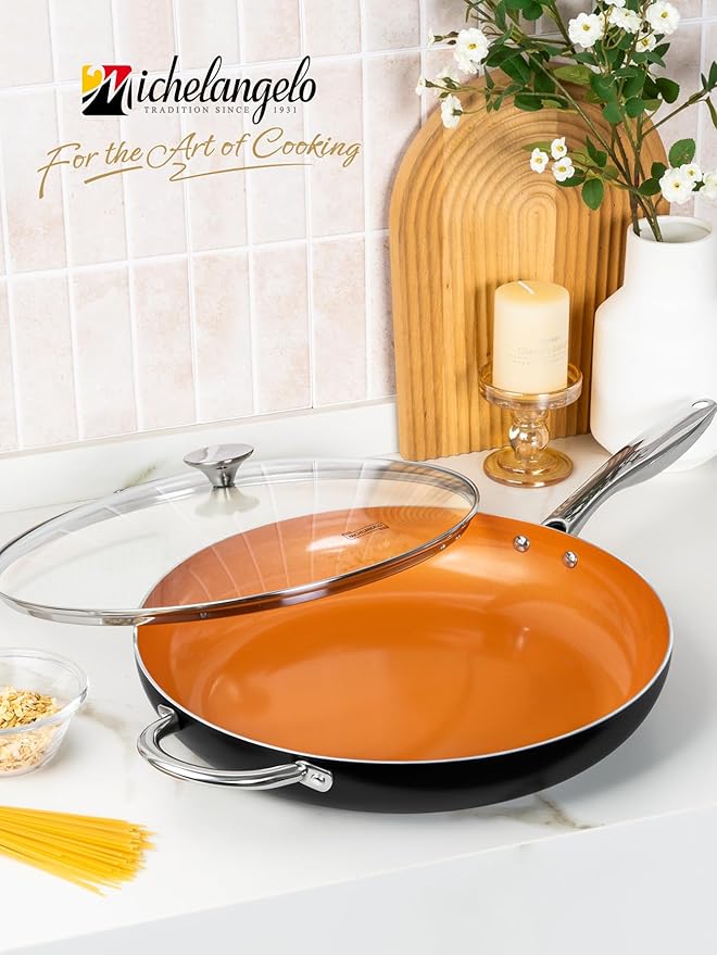 MICHELANGELO 10 Inch Copper Nonstick Frying Pan with Lid, Scratch Resistant Ceramic Coating, Oven and Dishwasher Safe