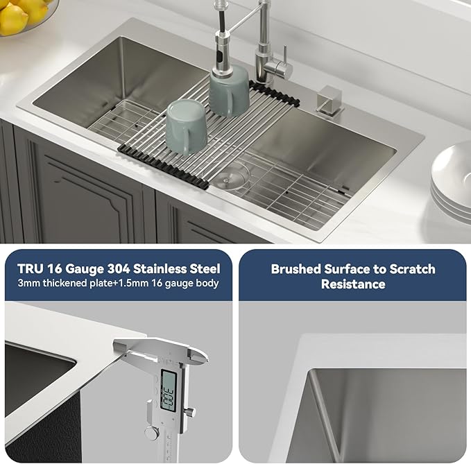 Lordear 36 Drop in Kitchen Sink - 36 x 19 Inch Topmount Kitchen Sink 16 Gauge Stainless Steel Single Bowl Deep Handmade Overmount Kitchen Sink with Drain Strainer