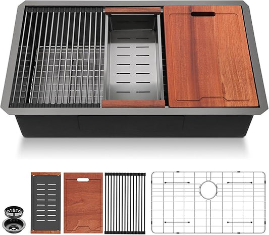 30 Undermount Kitchen Sink Black Stainless Steel - Lordear 30"x19" Kitchen Sink Undermount Gunmetal Black Workstation 16 Gauge Stainless Steel Single Bowl Handmade Sinks Basin