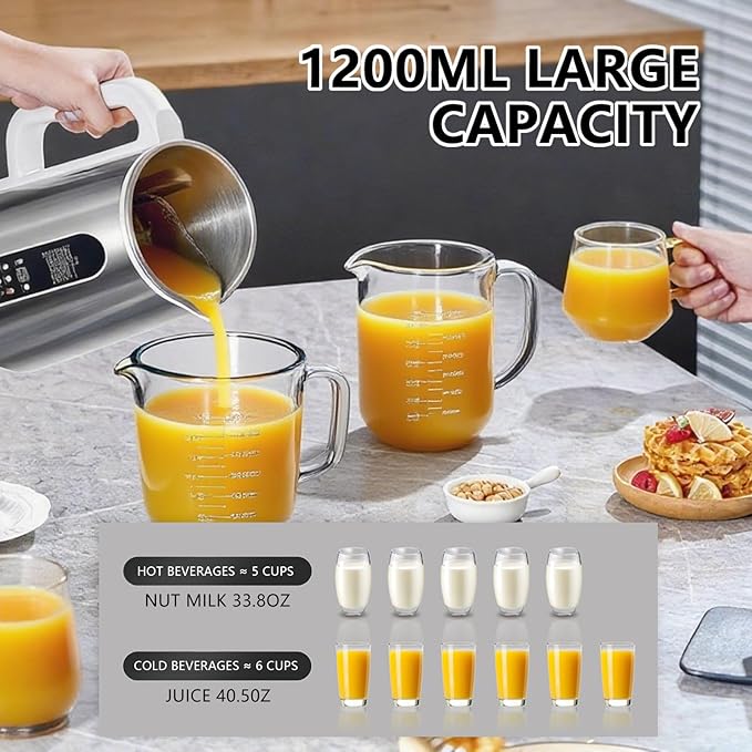 8 in 1 Nut Milk Maker Machine, Stainless Steel Automatic Nut Milk Maker, Delay Start & Keep Warm & Boil Water & Low Noise & Self-Clean, Soy Milk Maker for Almond, Oat, Juice, Coconut