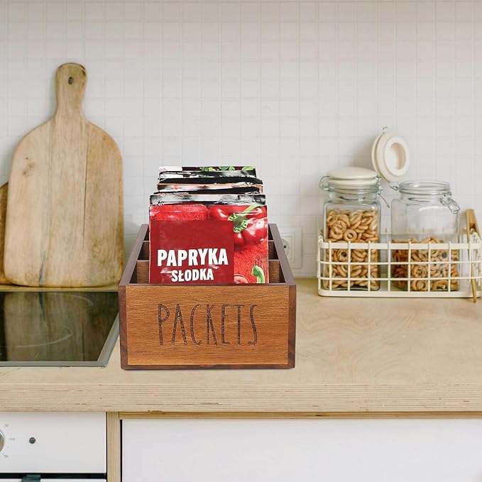 Packet Organizer, Acacia Wood Packet Storage Organizer with 3 Compartments,Farmhouse Kitchen Organization for Spice, Gravy, Taco, and Dressings Packets for Kitchen (Brown Label PACKETS)