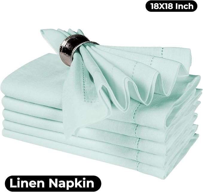 BEDDING CRAFT Set of 4 Hemstitch Pastle Blue Cloth Dinner Napkins 100% Linen - Soft Durable Washable -Ideal for Events Wedding Christmas Thanksgiving Newyear-Perfect Everyday Use Table Linen 18x18.