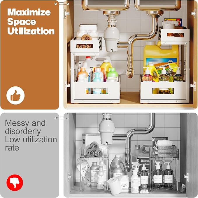 1-Pack Under Sink Organizers and Storage,2-Tier L Shape Pull Out Cabinet Organizer With Round Tube Slide Rails,Hight Adjustable Slide Out Drawers for Kitchen&Bathroom,Multi-Purpose Storage Shelf-White