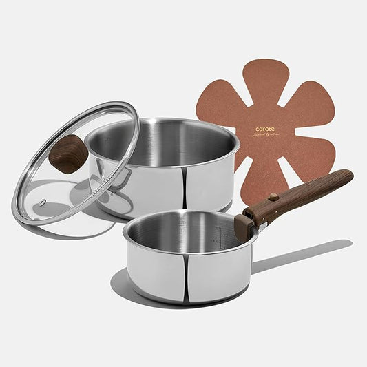 CAROTE Stainless Steel Sauce Pan with Detachable Handle, 5pcs Stainless Steel Pot, 1.5QT&2QT Saucepan with Lid, Non-Toxic Induction Kitchen Cookware, Removable Handle, Oven Safe, Woodgrain
