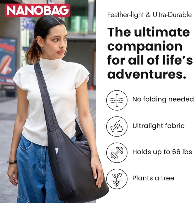 Nanobag Ultra-Lightweight Foldable Sling for Women & Men, Reusable Grocery & Travel Bag, Packable Collapsible Compact Market Crossbody (Sling Sketch)