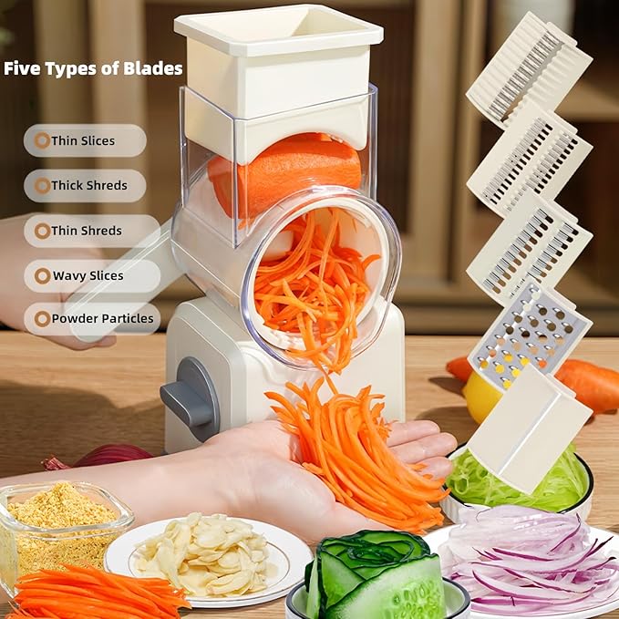 Rotary Cheese Grater with Handle,Replaceable Stainless Blades Cheese Shredder,Multi-Functional Cheese Vegetable Slicer with Storage Box,Easy to Clean Kitchen Gadgets with Storage Box (Beige, 5 Blades)
