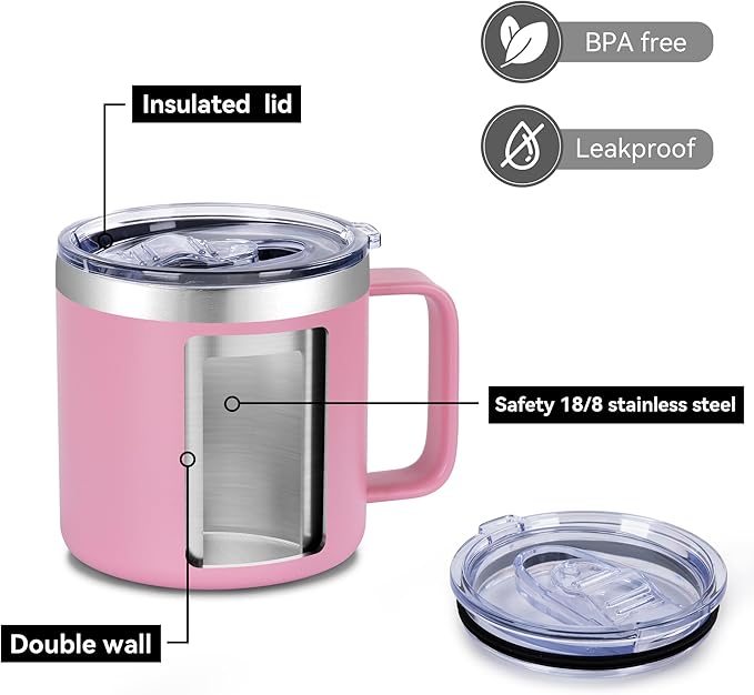VEGOND 14 oz Insulated Coffee Mug Bulk with Handle, Stainless Steel Travel Coffee Mug with Lid, Double Wall Vacuum Metal Coffee Cup, Coffee Tumbler Powder Coated, Pink 4 Pack