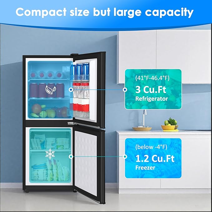 Compact Refrigerator with Freezer 4.2 Cu. Ft. 2-Door Dorm Fridge with Adjustable 7-Level Thermostat, Small Refrigerator with Freezer for Home, RV, College Dorm, Apartment, Office, Black