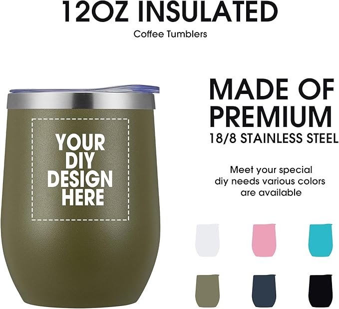 Personalized Custom Wine Tumbler Print in USA 12oz Stainless Steel Travel Coffee Cup with Lid & Straw Double Wall Insulated Mug with Colorful Text Logo Photo
