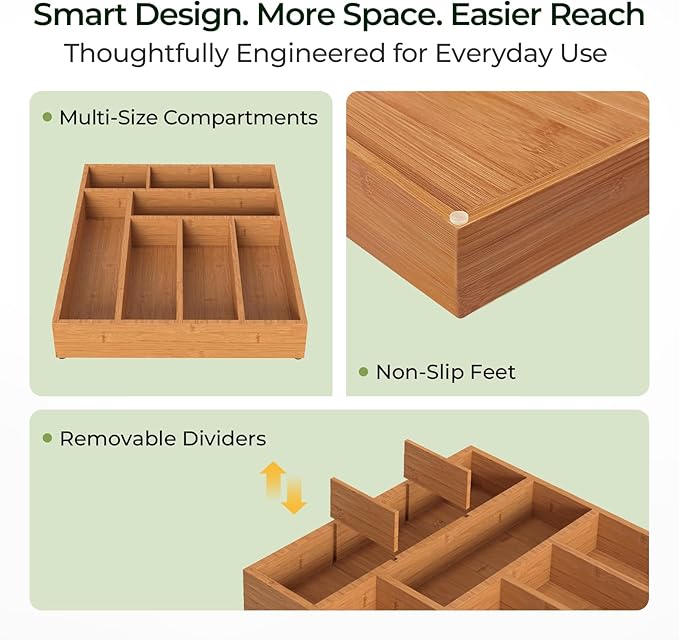 Carbonized Bamboo Kitchen Drawer Organizer, 8 Slots Silverware Organizer, Utensil Holder & Cutlery Tray, 2.2" Deep for Extra Capacity, Non-Slip Feet Included