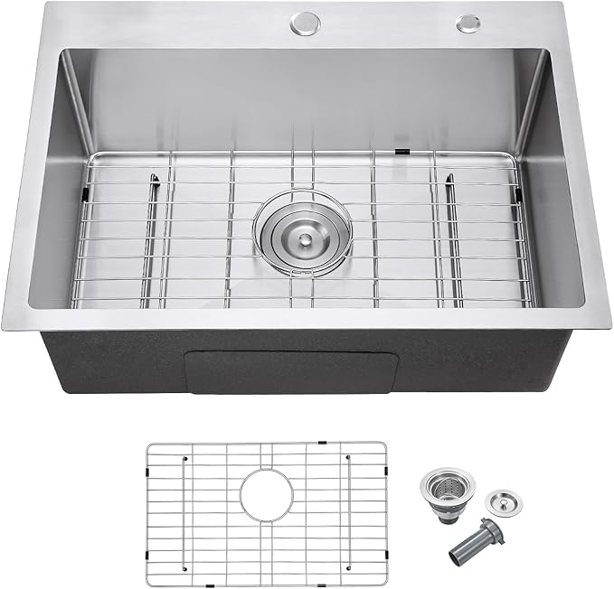 27 Inch Drop in Kitchen Sink - MENATT 18 Gauge Stainless Steel 2 Holes Single Bowl Topmount Kitchen Sink Basin Drop in with Drain Strainer & Grid, Brushed