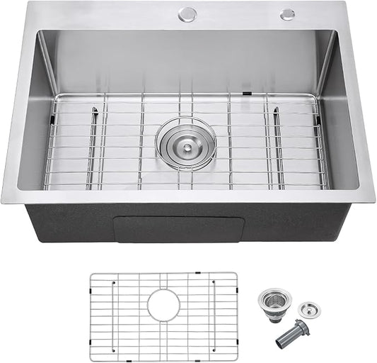 27 Inch Drop in Kitchen Sink - MENATT 18 Gauge Stainless Steel 2 Holes Single Bowl Topmount Kitchen Sink Basin Drop in with Drain Strainer & Grid, Brushed