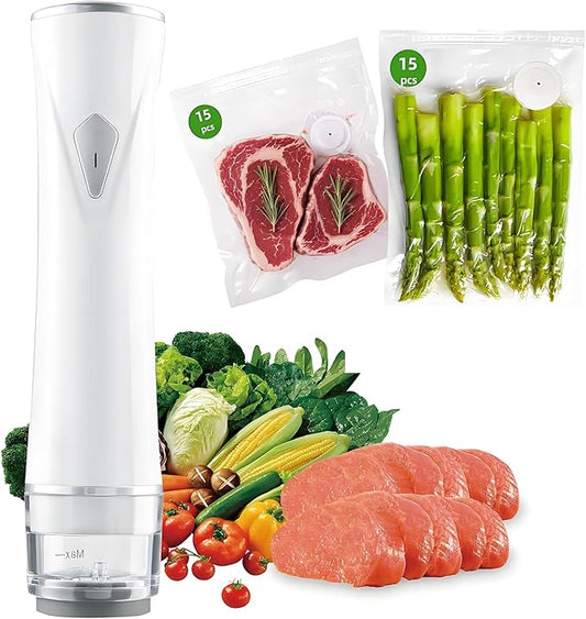 Handheld Vacuum Sealer with Visible Water Tank –Spill-Proof, One-Touch Operation, Vacuum Sealer Machine with 30 Reusable Bags for Kitchen, Camping, or Travel (Snow white)