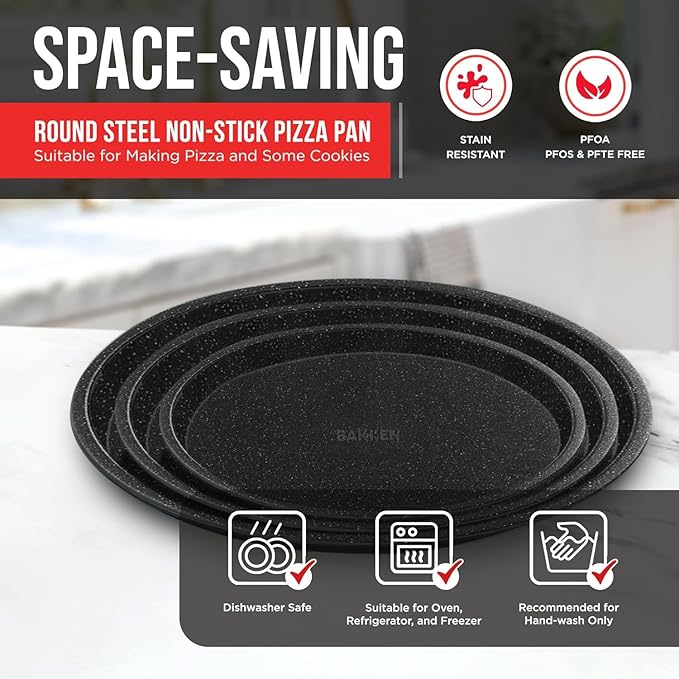 Gray Marble Non Stick Pizza Pans Set of 3 – Carbon Steel Pizza Baking Trays (9.45", 11.02", 12.99") for Oven Use, Durable, PFOA, PFOS, PTFE Free, Dishwasher Safe, Stain-resistant, Easy Cleanup