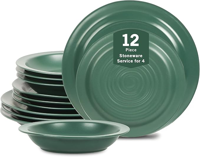 Stone Lain Orbit 12-Piece Dinnerware Set Stoneware, Plates and Bowls Set, Pasta Bowls, Microwave and Dishwasher Safe, Dish Set for 4, Green