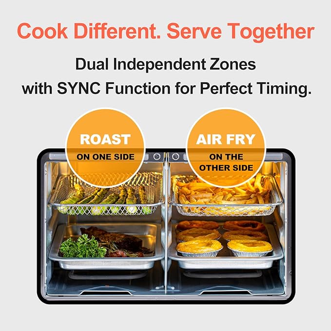 HotKing Dual-Zone Air Fryer Toaster Oven Combo, 28 QT Extra Large, Non Toxic Stainless Steel Convection Oven with French Door, Countertop Airfryer with Window, Racks, Rotisserie, Dehydrator, ETL Rated