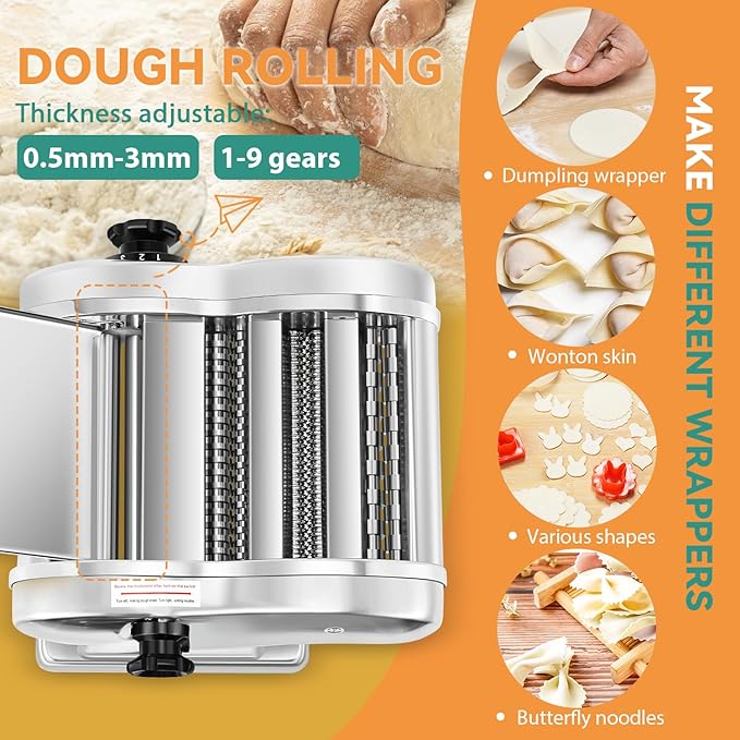 Newhai Electric Pasta Maker Family Noodle Making Machine Dough Roller 2.5mm Spaghetti 4mm Wide Noodle 9mm Fettuccine Cutter 110V US Stainless Steel for Home Use