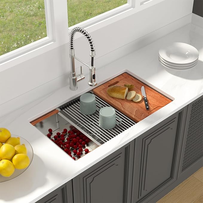 Lordear 33 Inch Undermount Kitchen Sink Honeycomb Finish 16 Gauge Stainless Steel Single Bowl Workstation Sinks Scratch Resistant Handmade Under Counter Sink Basin