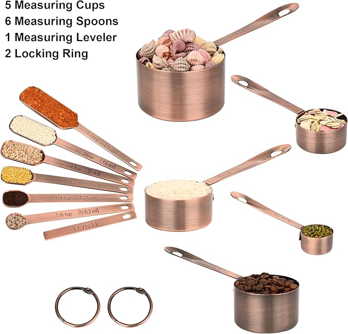 Copper Measuring Cups and Spoons Set, Stainless Steel Measuring Cups and Spoons Set 12, Metal Measuring Cups Set, 5 Copper Measuring Cup Set and 6 Copper Measuring Spoons &Leveler for Kitchen