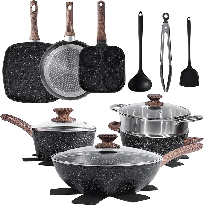 Sweetcrispy 17 Pcs Nonstick Pots and Pans, Non-toxic Kitchen Cooking Set with Stay-Cool Handles, Black