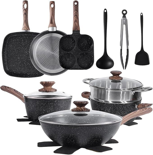 Sweetcrispy 17 Pcs Nonstick Pots and Pans, Non-toxic Kitchen Cooking Set with Stay-Cool Handles, Black