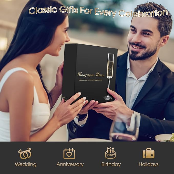 Topsky Ribbed Champagne Flutes Set of 4, 7 oz Crystal Champagne Glasses, Vintage Unique Ridged Design, Clear Mimosa Glasses, Cocktail or Wedding Toasting Glasses, Inner Stripe