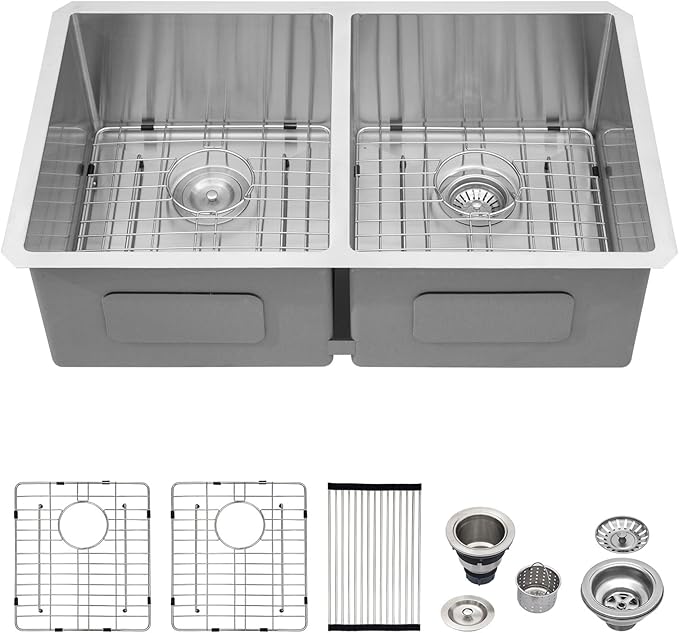 Logmey 33 Inch Double Bowl Undermount Kitchen Sink 33x19x9 Inch 50/50 Nano Coating Stainless Steel 16 Gauge Handmade Kitchen Sink
