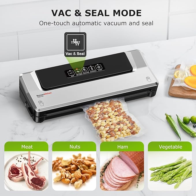 Bonsenkitchen Vacuum Sealer Machine + Mason Jar Sealer Kit, Fast-Compact/Multi-Functional Food Vacuum Sealer with External Vacuum System & 40 Vacuum Bags, Silver