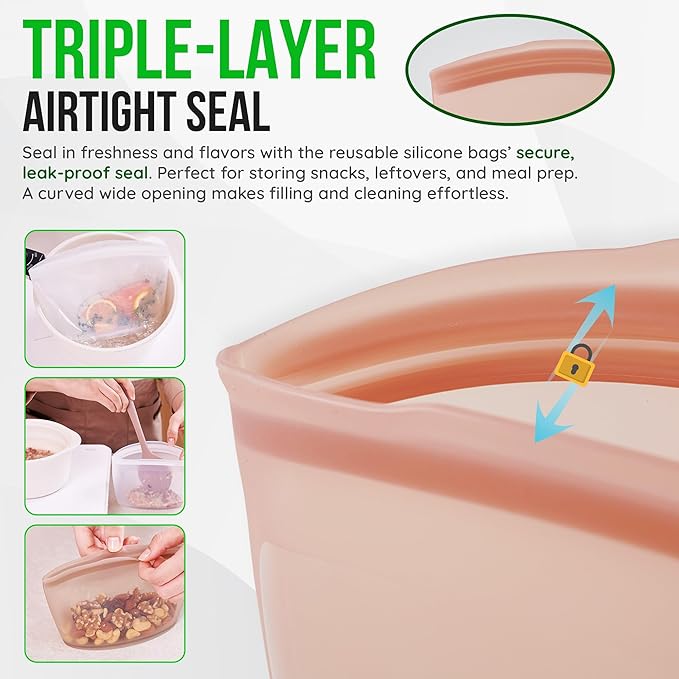 Reusable Silicone Food Storage Bags 10.6Cup (84oz), Airtight Food Storage Containers Food Grade Silicone Snack Bags, BPA Free Food Storage Container, Microwave Safe, Sous Vide Container, White