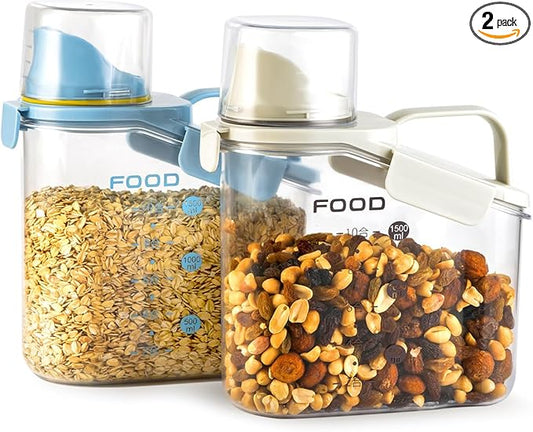 2 PCS Cereal Storage Containers, 1.5L/51oz Dry Food Rice Holder, Pet Dog Cat Food Dispenser with Measuring Cup, BPA Free Clear Plastic Kitchen Pantry Organization Bin, 1 Blue+1 White
