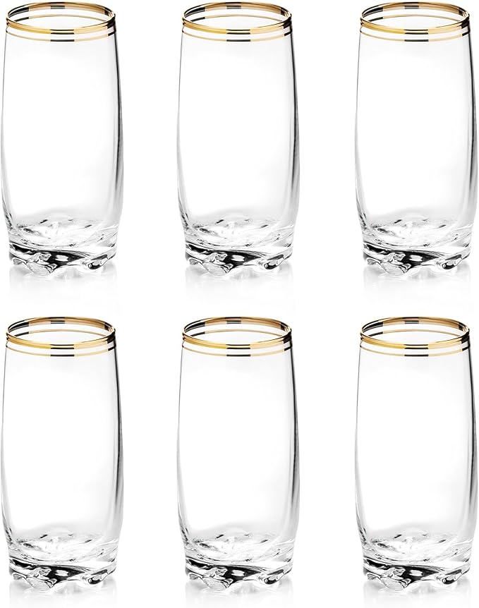13.25 Oz Gold Glass Cup (Set of 6) - Elegant Drinking Glasses with Gold Accented Rim, Durable Glassware for Entertaining, Dining, Everyday Use - Ideal for Cocktails & Beverages