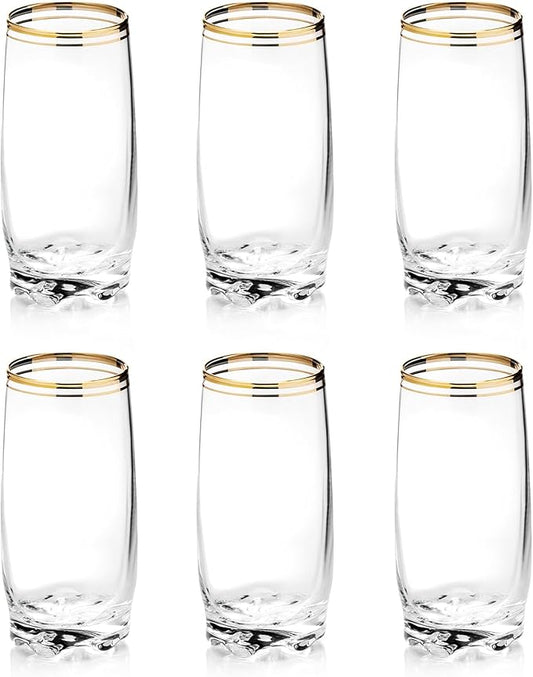 13.25 Oz Gold Glass Cup (Set of 6) - Elegant Drinking Glasses with Gold Accented Rim, Durable Glassware for Entertaining, Dining, Everyday Use - Ideal for Cocktails & Beverages