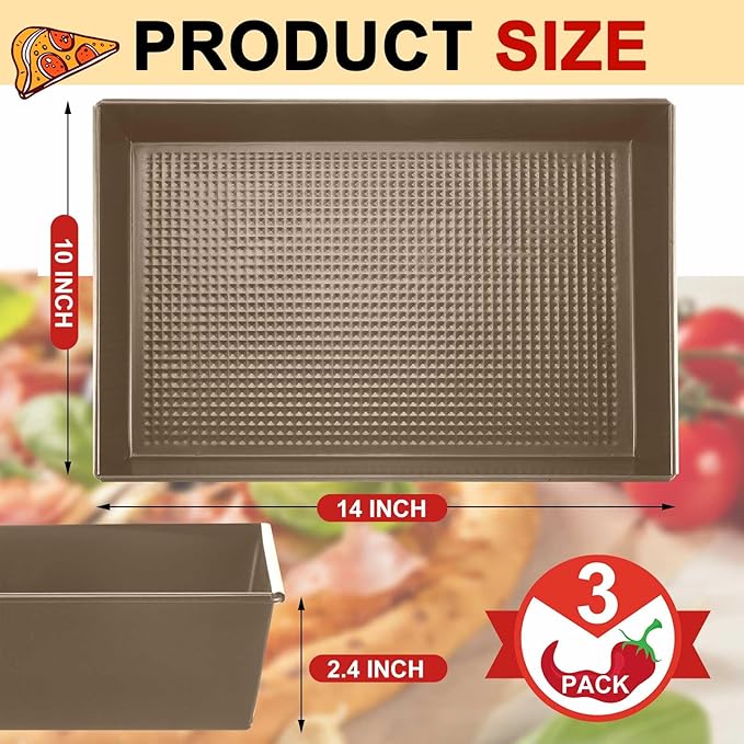 Detroit Style Pizza Pan Hard Rectangular Deep Pizza Pans Non Stick Sicilian Style Pan Dish Pre Seasoned Bakeware Kitchenware(10 x 14 x 2.36 in,Gold,3 Pcs)