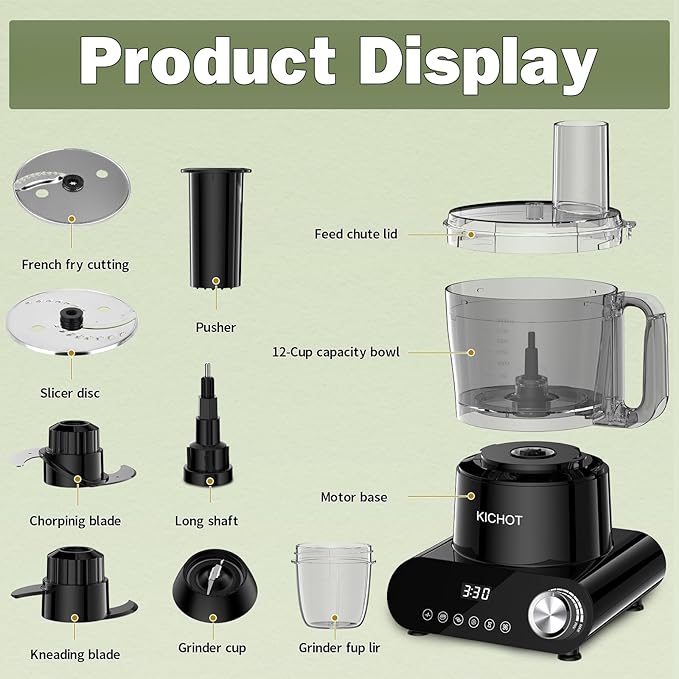 12 Cup Food Processor & Vegetable Chopper,French-Fry-Cutter, Stepless Speed,Digital Timer,Large Feed Chute,Ice Creshing,Chopping, Shredding, Slicing and Doughing,600W for Home Use,Black