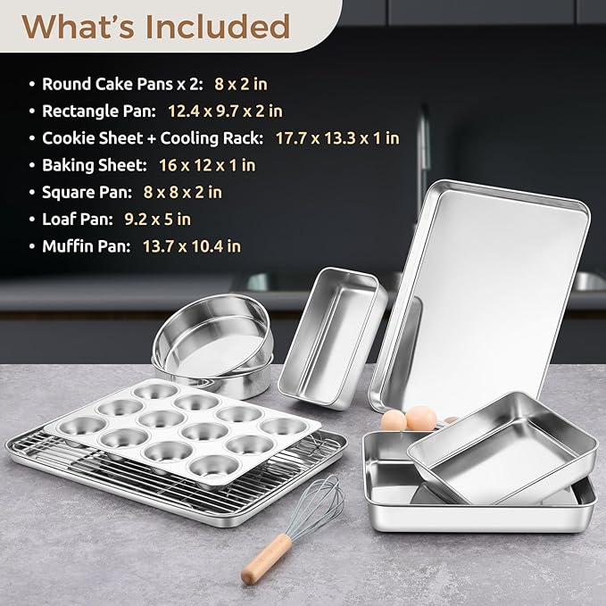 E-far 9-Piece Baking Pan Set, Stainless Steel Bakeware Sets for Sheet Cake Cookie Loaf Muffin, Include Baking Sheet, Round Square Rectangle Baking Pan & Cooling Rack, Dishwasher Safe
