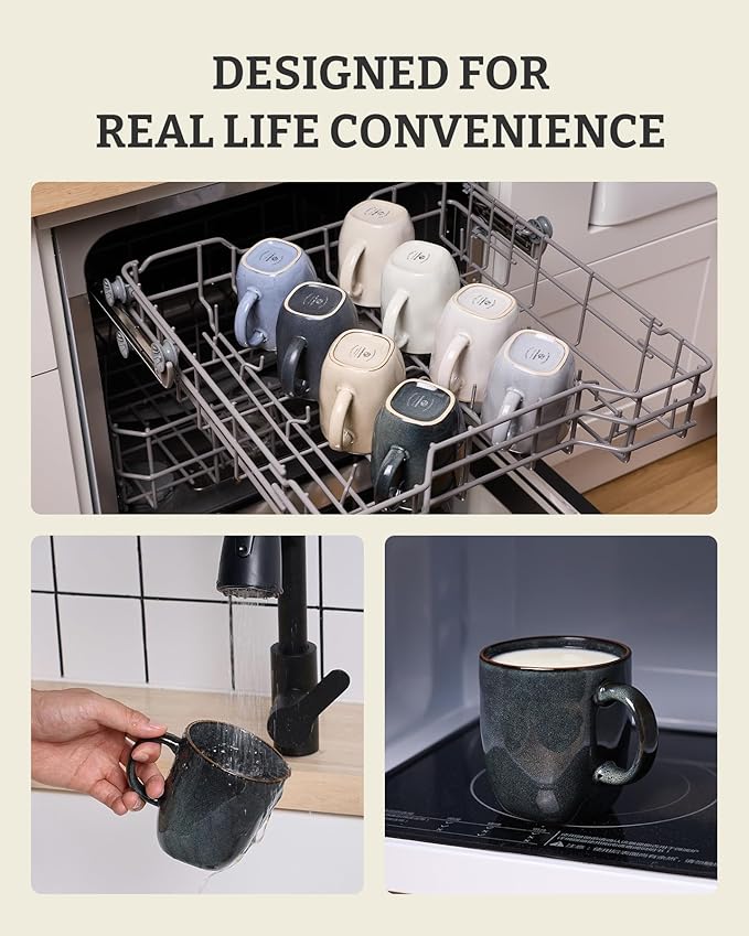 famiware Coffee Mugs Set of 4, Ocean Square 13oz Coffee Cup Set with Handle for Cocoa, Milk, Hot Chocolate, Stoneware Cups for Kitchen, Reactive Glaze, Microwave and Dishwasher Safe, Deep Forest