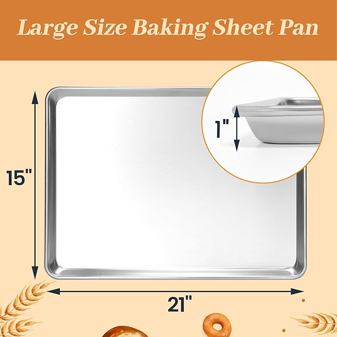 6 Pack Large Size Baking Sheet Pans, Aluminum Commercial Cookie Sheets Non-Stick, 21"x15"