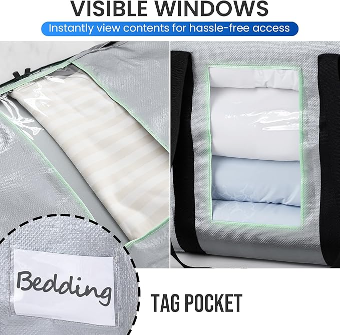 TAILI 2 Tier Extra Large Moving Bags, 2 Pack Silver Heavy Duty Totes for Storage with Visible Window, Wrap Around Handles, Storage Bags for Space Saving, Alternative to Moving Boxes