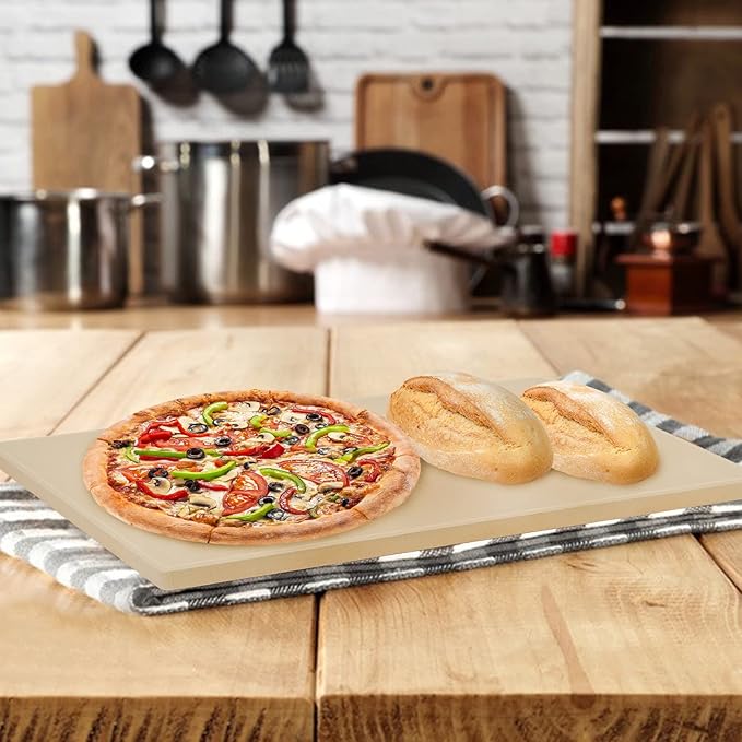 Pizza Stone and Wood Peel Set for Oven and Grill - 12x15 Inch Rectangular Baking Stone with Bamboo Peel, Perfect for Crisp Crust Pizza, Breads, Cheese, and More