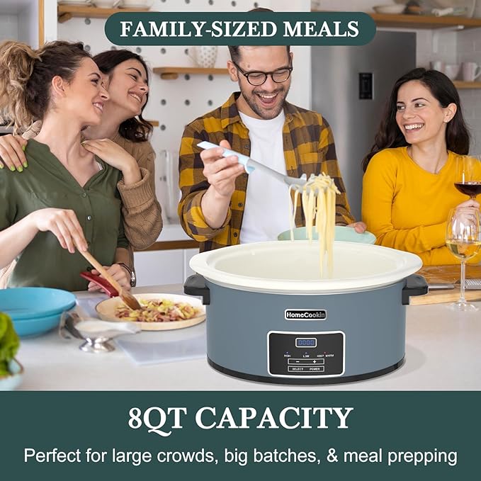 HOMECOOKIN 8-Quart Programmable Slow Cooker with Timer Keep Warm - Small Kitchen Appliance for Family Dinners - Serves 6+ People (Blue)