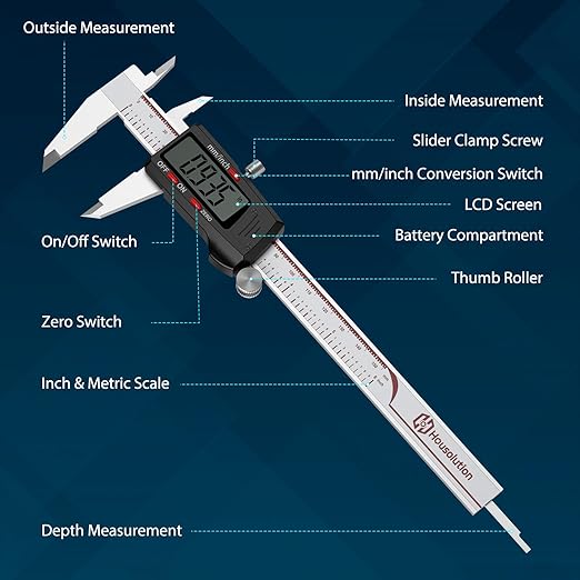 Housolution Digital Caliper 6 Inch, Caliper Measuring Tool with Large LCD Screen, Inch/MM, 4 Measuring Ways, Auto-Off LCD Stainless Steel Micrometer Vernier Caliper for Printing Jewelers Woodworkers