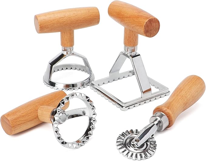 HULISEN Ravioli Stamp with Pasta Cutter Wheel, Ravioli Maker with Wooden Handle, Press Mold Kitchen Accessories, Gift Package(Set of 4)