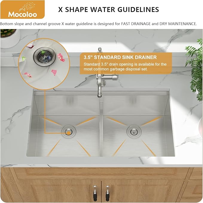 Mocoloo Double Bowl Kitchen Sinks - 50/50 Undermount Double Bowl 16 Gauge Low Divide Workstation 33 x 19 Inch Stainless Steel Sink Handmade, 10'' Deep Basin