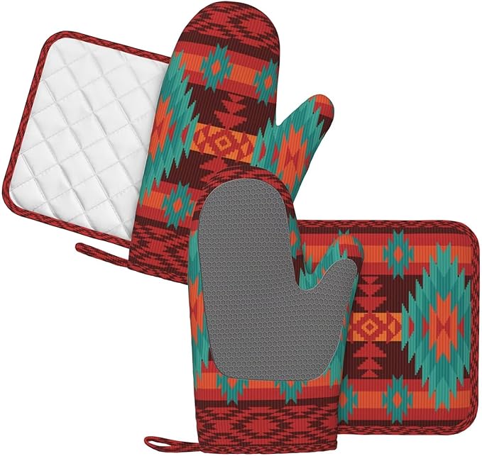 Geometric Ethnic Tribal Oven Mitts and Pot Holders Set of 4 Silicone Native American Kitchen Mitten Gloves and Aztec Western Potholders Set Heat Resistant Oven Gloves Hot Holders for Kitchen